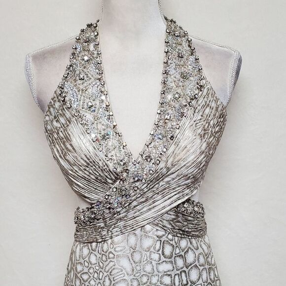 SATIN Snakeskin Silver Sequin Beaded Backless Side Slit Racerback Maxi Dress XS - Picture 5 of 16